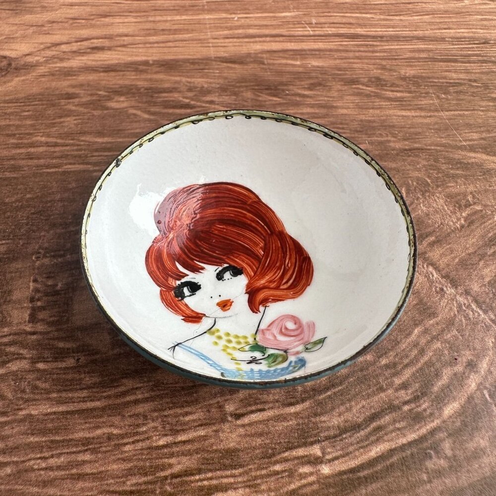 Hand-Painted Enamel Ring Dish, Midcentury Portrait, Redhead with Rose
